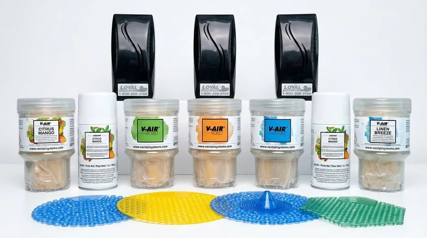 Loyal air care: fan air-freshener dispensers, V-Air fragrance refills, metered aerosols, urinal screens and a bowl clip