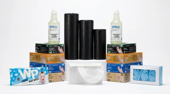 Assortment of gloves, trash liners, wipes and seat covers