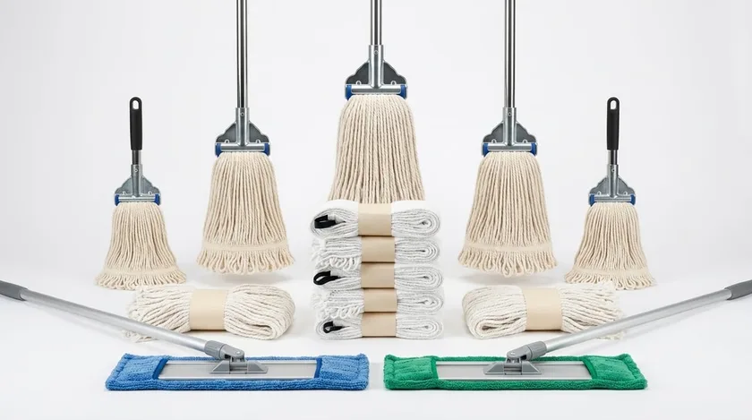 Assortment of commercial mops, mop heads and microfiber flat mops