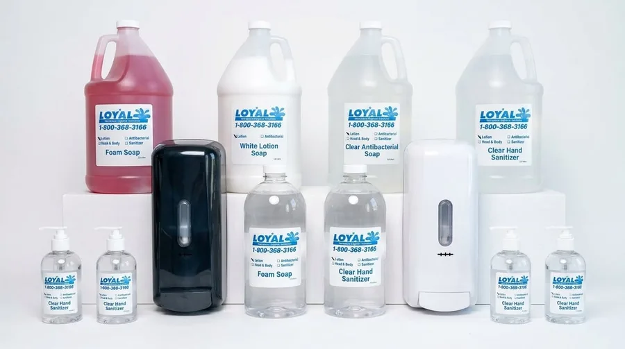 Foam soap and hand sanitizer refills with black and white wall-mounted dispensers