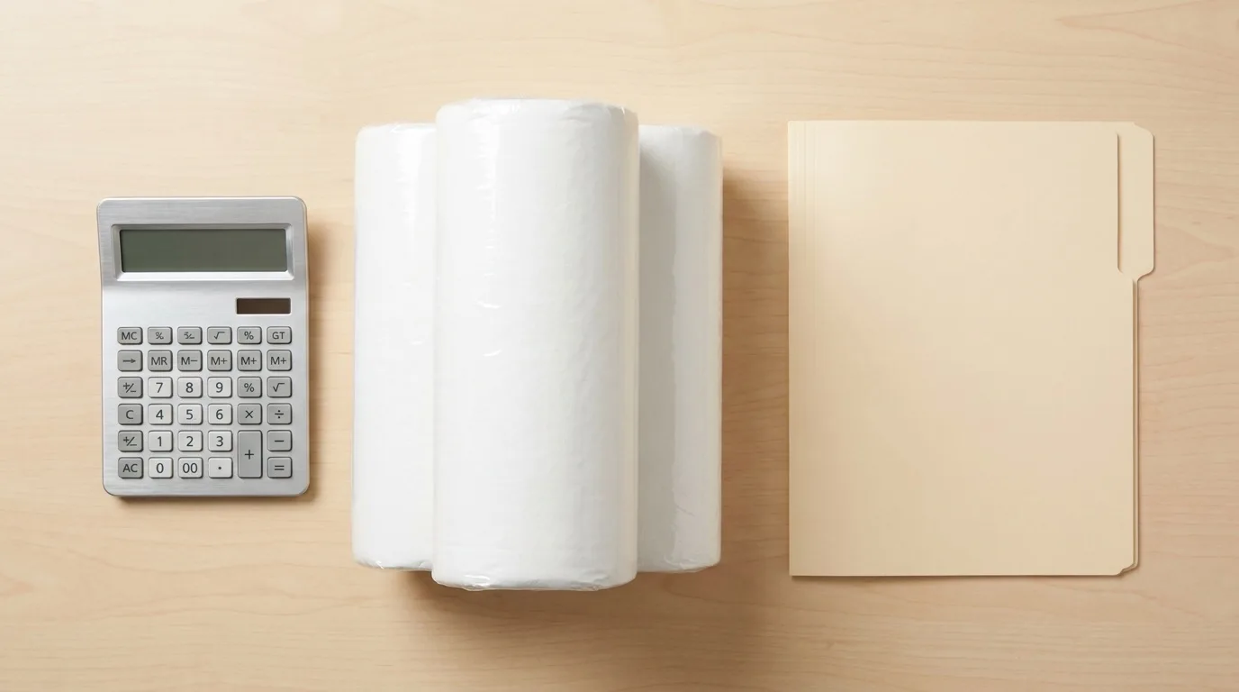 A calculator, paper towel rolls, and a folder on a desk