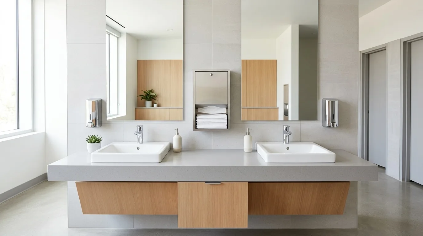 A clean, fully stocked commercial restroom vanity