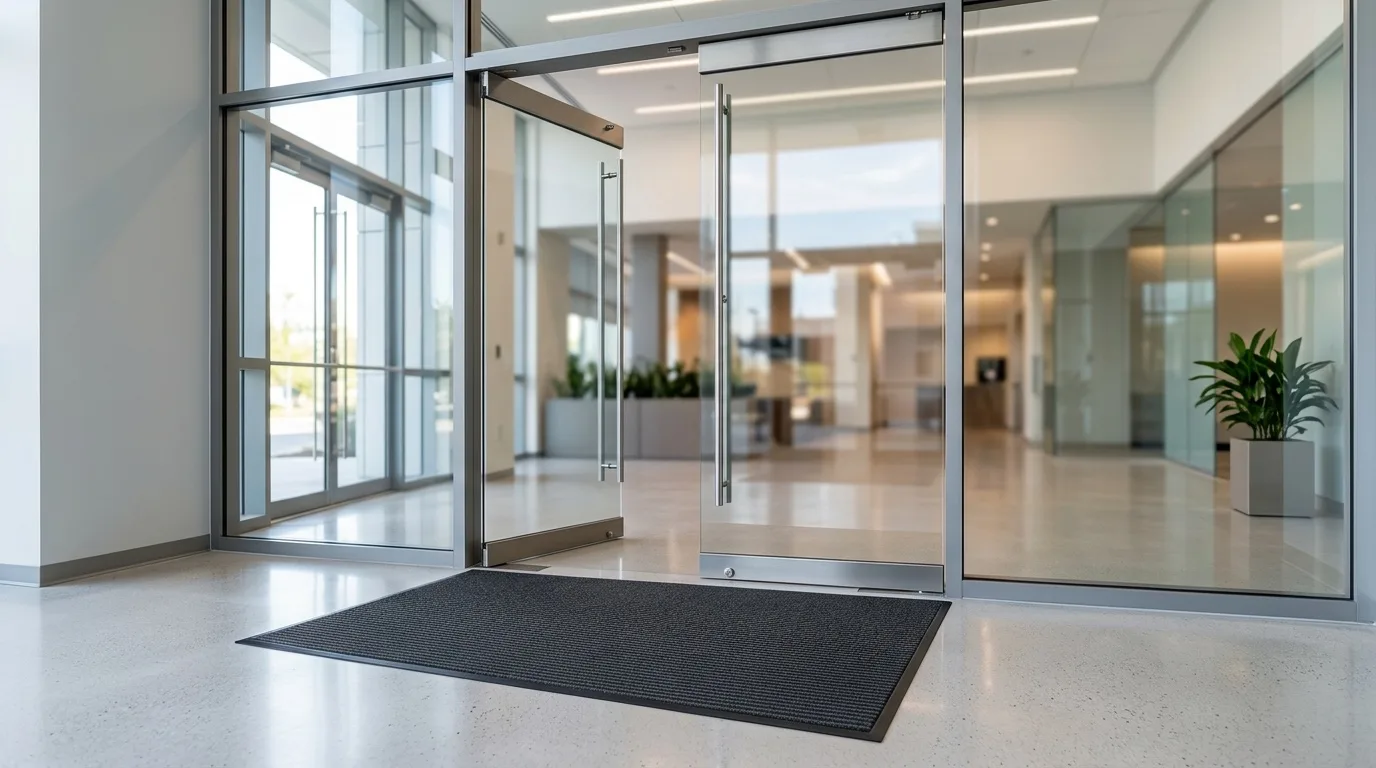 A bright office entry vestibule with a commercial entrance mat
