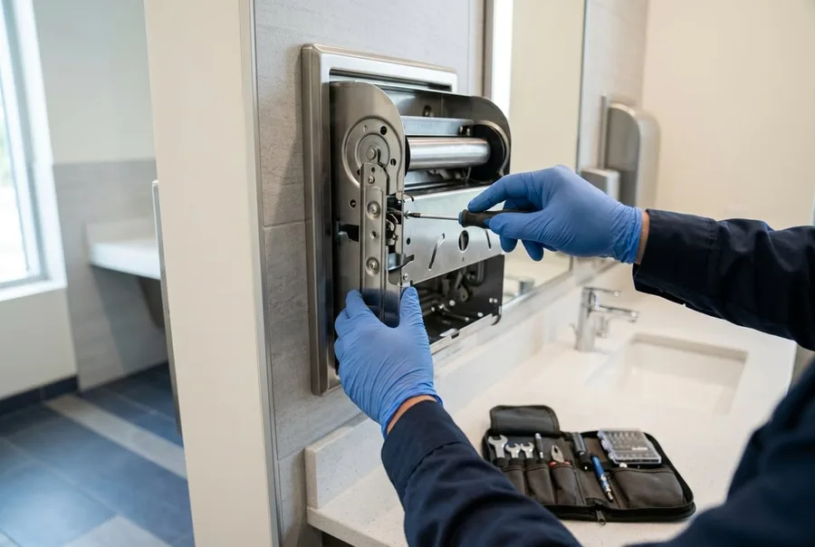 A technician repairing a stainless-steel paper towel dispenser