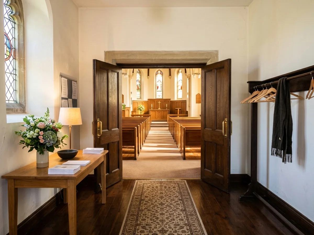 A church narthex with doors open to the sanctuary