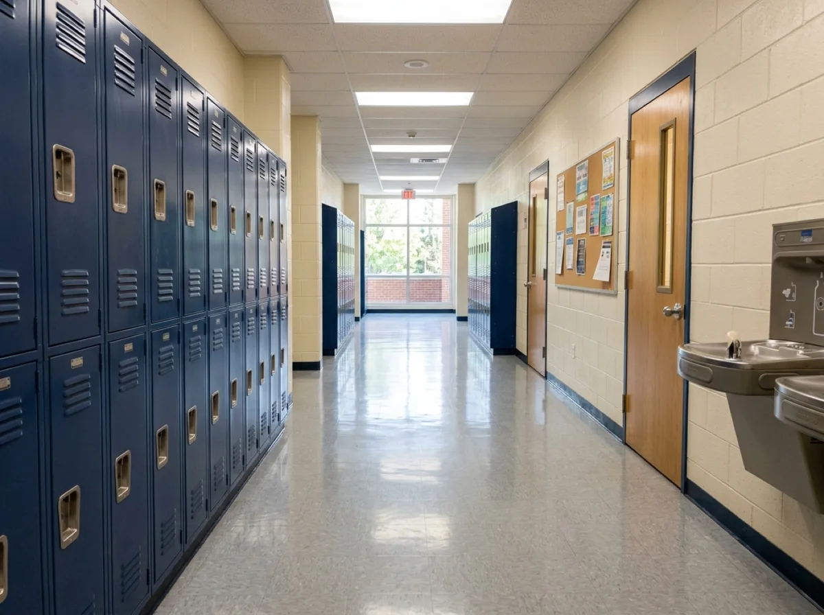 A bright school hallway with lockers and a water fountain