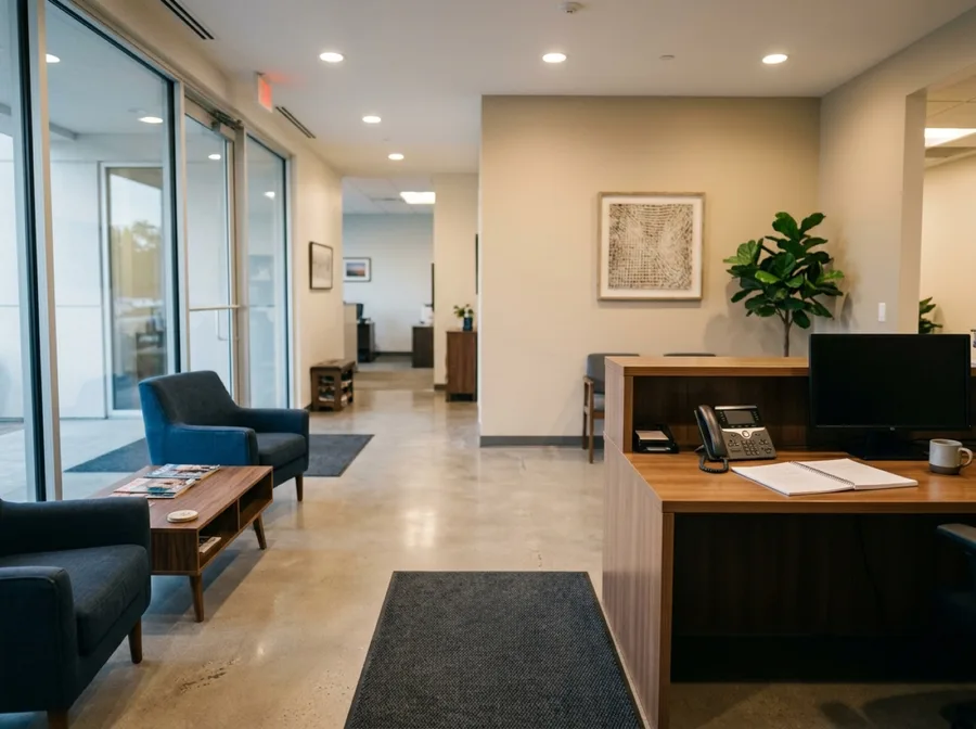 A bright office reception area with a front desk and waiting chairs