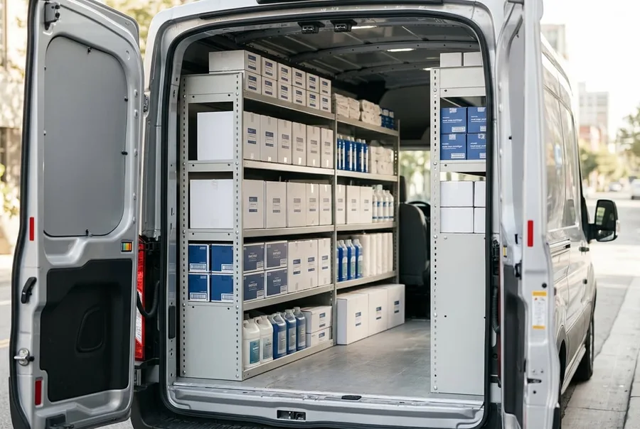 A delivery van stocked with cases of paper products, soap and supplies
