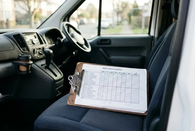 Weekly route schedule on a clipboard on the seat of a service van (illustration)