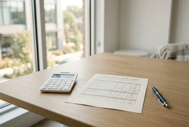 Calculator, pen and a printed service agreement on a desk (illustration)