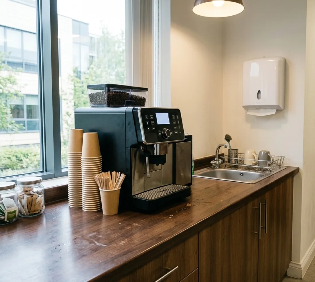 Stocked office breakroom counter with coffee machine and paper towel dispenser